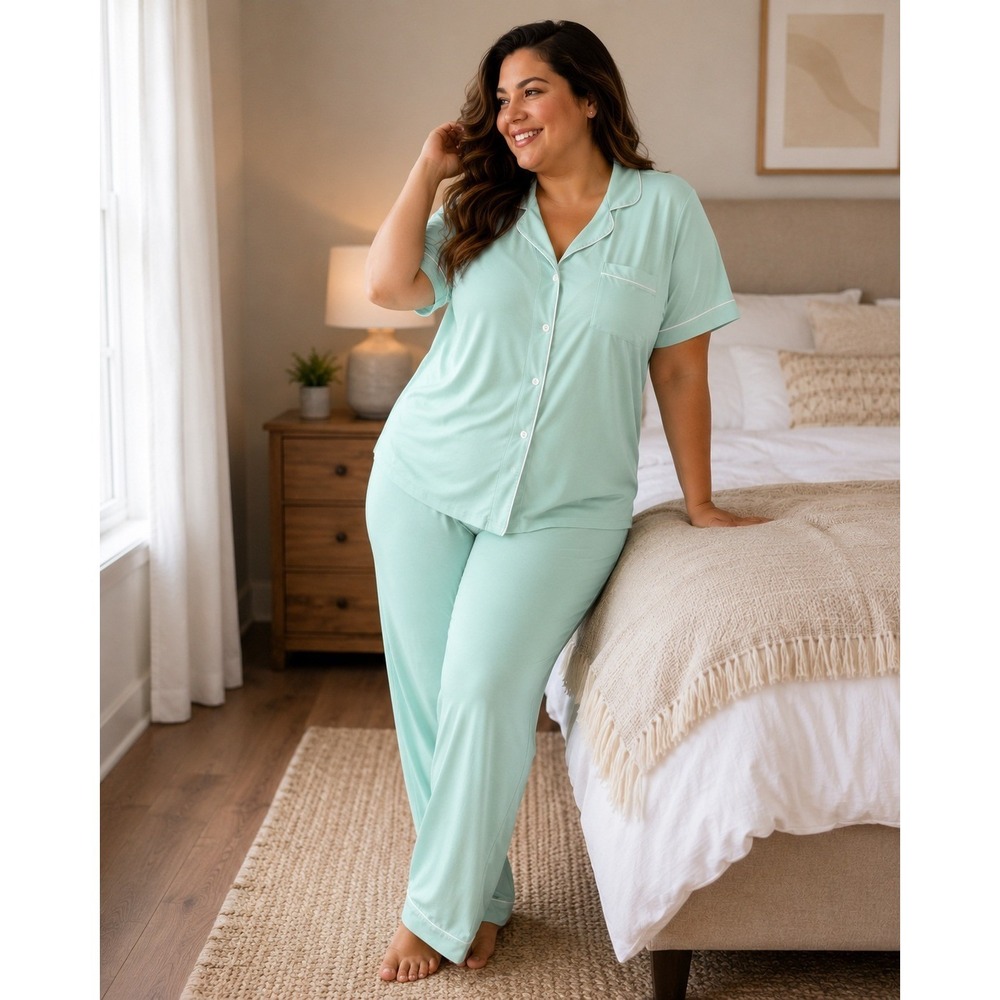Cosabella Bella Pima Cotton Short Sleeve Pajama Set Lagoon Mint Ivory 3X